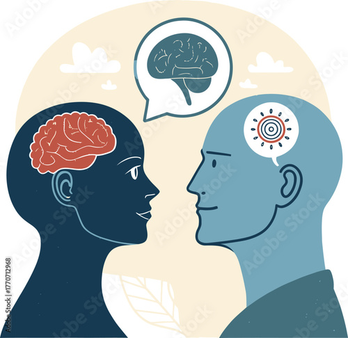 Two heads facing each other with brains and thought bubbles showing communication and ideas Mental health
