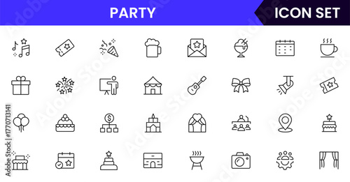 Party vector web line icon collection, sleek illustrations of calendars, tickets, venues, decorations for organized, festive designs.