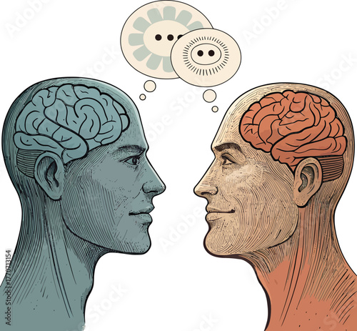 Two heads in profile facing each other with brains exposed and thought bubbles above Mental health vector