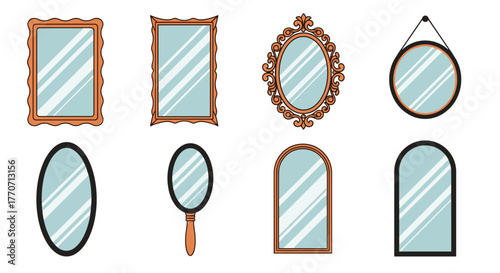 A charming collection of various illustrated mirrors, showcasing diverse shapes, frames, and styles, perfect for home decor concepts.