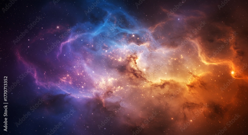 Fototapeta premium Nebula of blues purples oranges swirling cosmic dust many stars