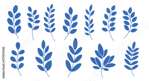 A collection of stylized blue leaf branches and sprigs, perfect for various design projects and natural themes.