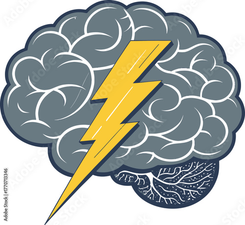 Yellow lightning bolt striking a stylized grey brain with Mental health white neural pathways vector