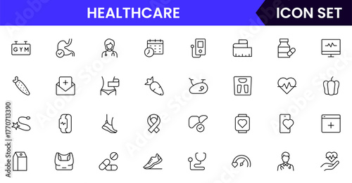 Healthcare vector web line icon collection, sleek illustrations of wearables, heart monitors, fitness apps for wellness-focused designs.