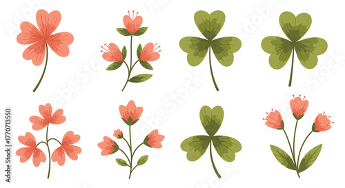 A vibrant set of stylized floral illustrations featuring delicate peach-colored blossoms and iconic green shamrocks, perfect for design elements.