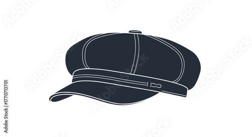 Stylish dark baker boy cap with a front brim and decorative band, isolated on a white background.
