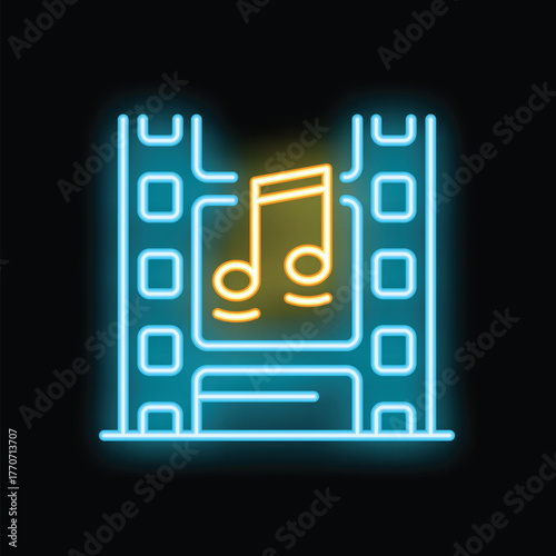 Glowing neon line icon of film strip showing music note, concept of online music streaming service