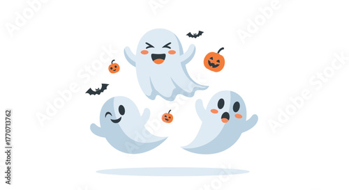 Playful cartoon ghosts with pumpkins and bats, celebrating Halloween on white background.