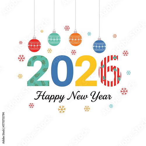 Colorful 2026 New Year Illustration with Christmas Ornaments, Snowflakes, and Festive Numbers