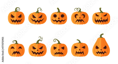 Collection of ten cartoon jack-o'-lanterns with various scary facial expressions, arranged in two rows on a white background.