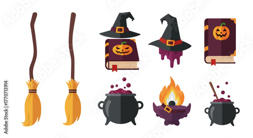 A collection of Halloween-themed illustrations, featuring witch hats, cauldrons, and brooms.