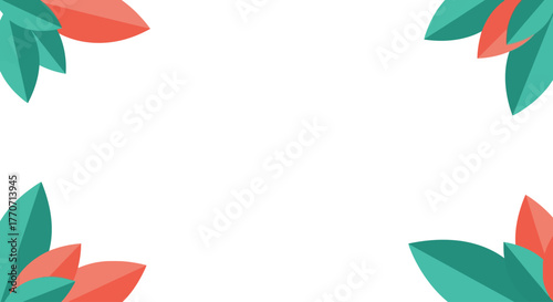 Illustration of teal and coral leaves arranged in the corners of a white background, forming a frame.