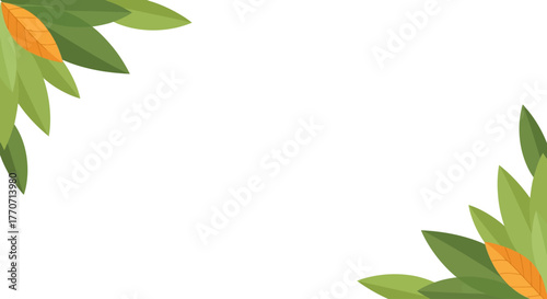 Green and orange leaves are arranged in the upper left and lower right corners of a white background.