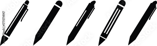 Black pen, pencil, writing instrument, and stationery icon set, minimalist office tool collection and education symbol group in flat style, isolated vector for design and print