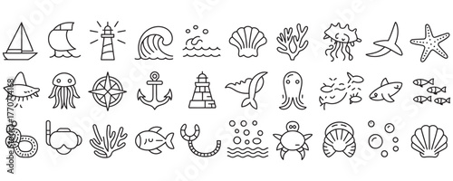 Delightful nautical icons set for summer designs, featuring boats, sea creatures, and ocean elements for a vibrant coastal theme, ideal for vacation vibes