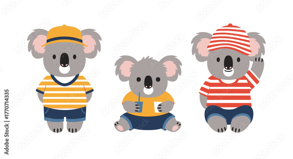 Obraz premium Three cartoon koalas wearing clothes and hats, in a row, on a white background.