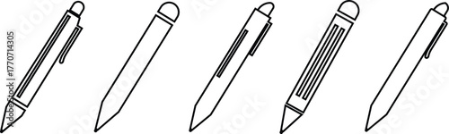 Black pen, pencil, writing instrument, and stationery icon set, minimalist office tool collection and education symbol group in line style, isolated vector for design and print