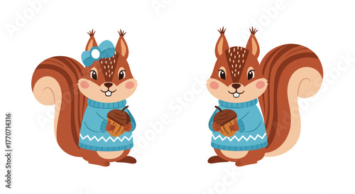 Two cartoon squirrels, one with a bow, holding acorns, wearing blue sweaters.