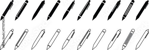 Black pen, pencil, writing instrument, and stationery icon set, minimalist office tool collection and education symbol group in flat and line style, isolated vector for design and print