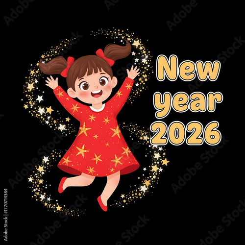 Cheerful Cartoon Girl Celebrating Happy New Year 2026 Illustration with Stars