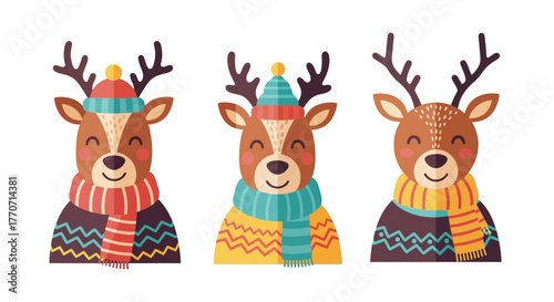 Three cheerful cartoon reindeer wearing winter hats and scarves, smiling brightly.