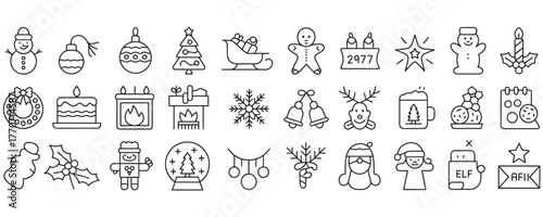 Festive Christmas line art icons set for holiday projects, adding joyful spirit to your designs with this collection of seasonal elements