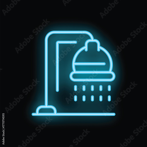 Blue neon sign of a shower stall with water running, glowing brightly on black background