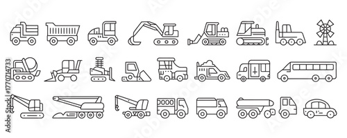 Transportation Icons Vector Collection Ideal for Infographics, Websites and Design Projects Featuring Trucks, Buses, Construction Vehicles and More Outline Style