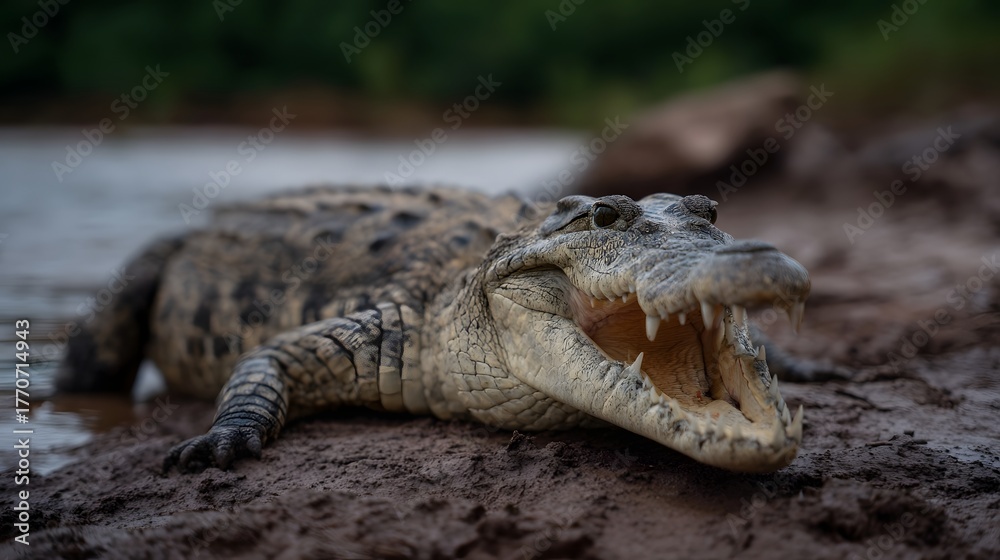 Fototapeta premium A powerful crocodile rests on a muddy riverbank with its jaws open revealing sharp teeth in a natural setting