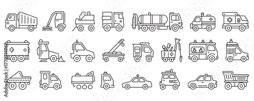 Delightful line art of trucks and construction vehicles for creative projects, perfect for children's books, educational materials, and transportation themes