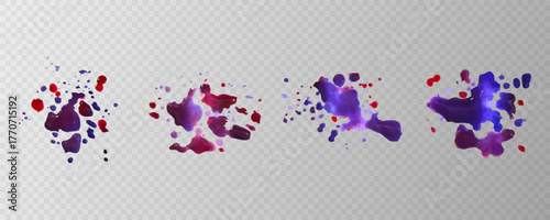 Collection of paint splats isolated on transparent background. Set of violet and red decorative splashes. Art decorations. Space spots. Watercolour splashes. Vector illustration.