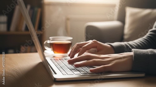 Person Typing on Laptop with Tea Cup in Cozy Home Setting