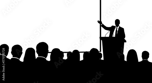 Silhouettes of a speaker at a podium presenting to an audience, with a large blank screen in the background