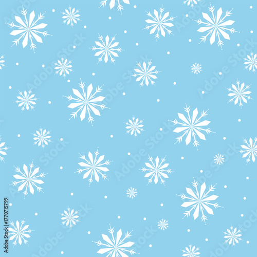Soft white snowflake pattern on gentle blue background, frosty winter texture, minimalist seasonal design, icy abstract illustration, holiday winter decoration
