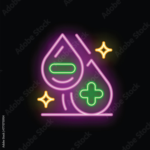 Neon medical icon representing blood donation with two drops of blood and positive and negative symbols glowing