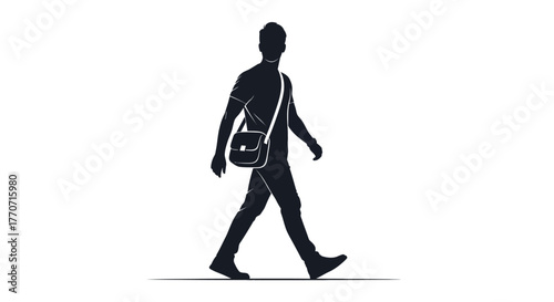 A black and white silhouette illustration of a man walking, carrying a shoulder bag, on a white background