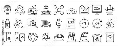 Sustainable practices outlined in clean line icons, showing recycling, ESG principles, and eco-friendly manufacturing for a greener future in business
