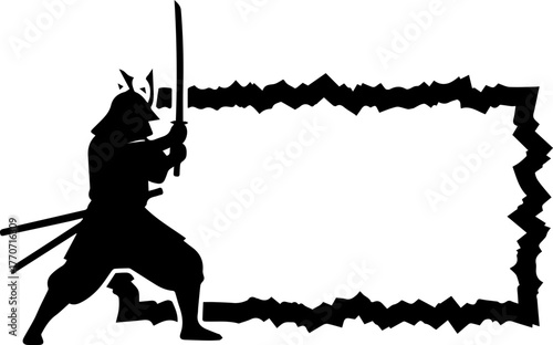 Bold samurai warrior with katana sword in powerful stance frame for text or message