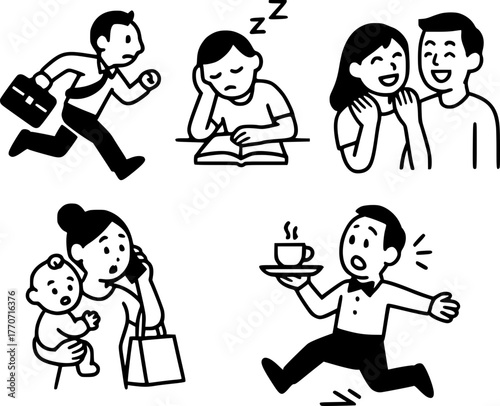 Black and white minimalist cartoon icons of funny daily life moments like sleepy student, clumsy waiter, and laughing couple, clean line art