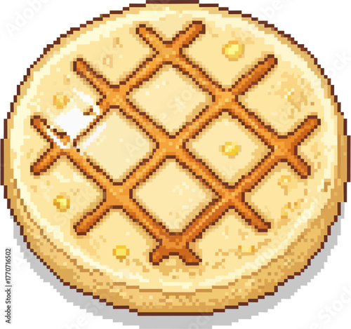 A pixel art illustration of a round waffle with a grid pattern on a white background.
