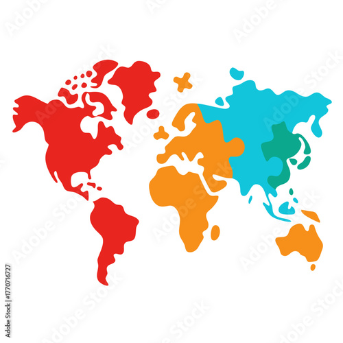 Colorful world map continents puzzle pieces silhouette isolated on white background