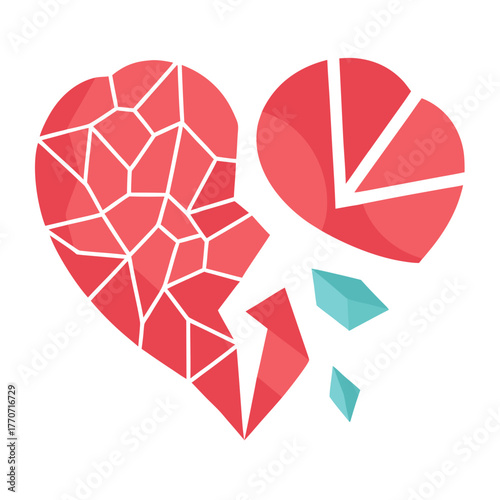 Abstract broken heart shape with geometric pieces and falling gems silhouette isolated on white background