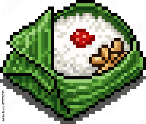 Pixelated artwork of a Japanese onigiri rice ball, wrapped in green leaves.