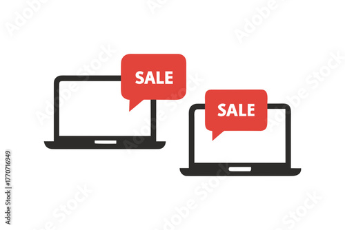 Laptop with sale notification silhouette vector illustration, isolated on white background