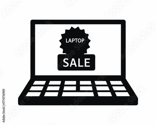 Laptop with sale notification silhouette vector illustration