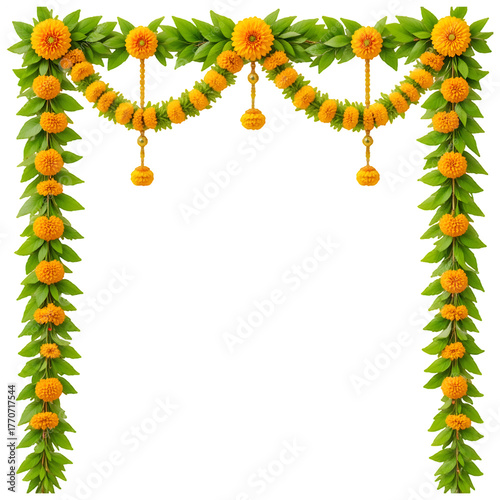 Vibrant orange marigold and green leaf garlands create a festive, celebratory doorway perfect for Indian festivals, weddings, and auspicious occasions.
