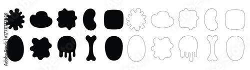 Set of fluid organic shapes and blobs with wavy curves creating a soft oval pattern background for abstract designs