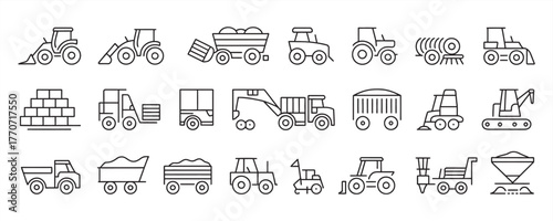 Agriculture icons set for farming and harvesting machinery, including tractor, combine, harvester, and trailer in simple line art on white background