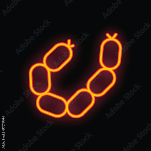 Neon sign of delicious grilled sausages forming a half circle, perfect for a restaurant menu or food blog