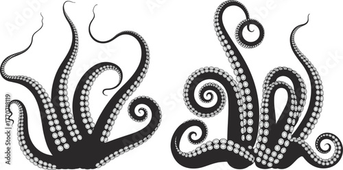 Octopus tentacles silhouette, marine vector icon, sea creature design, black white graphic, underwater animal shape, spiral curl detail, flat vector illustration